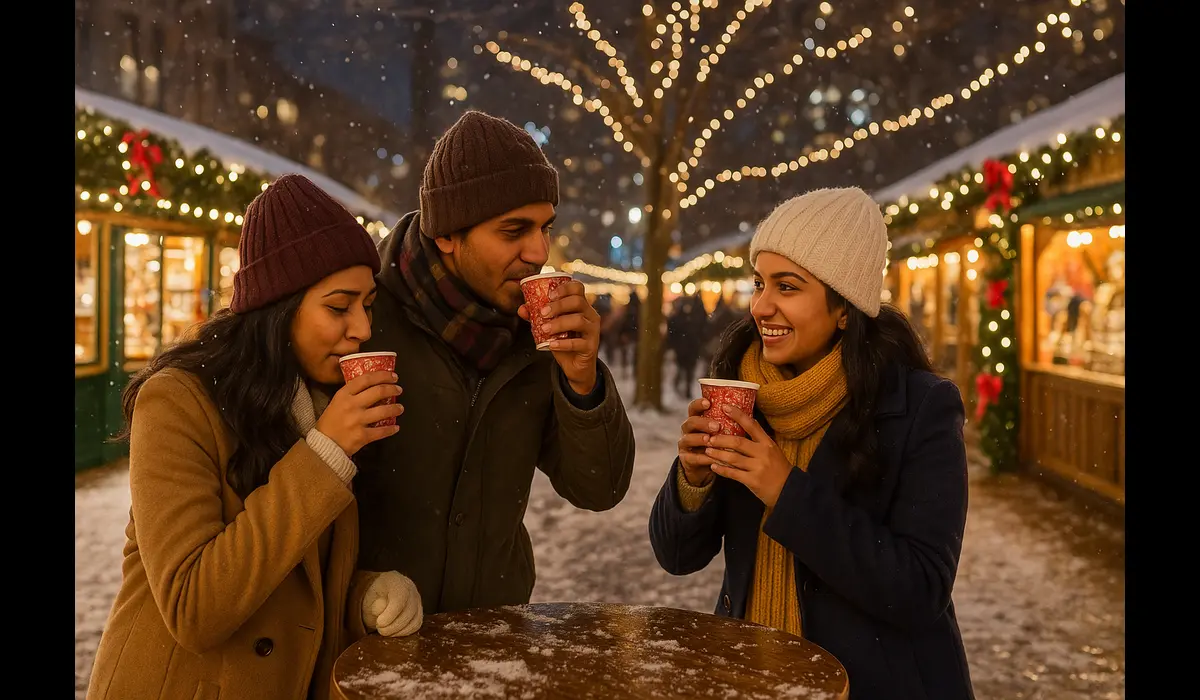 Indian tourists enjoying festive treats at USA Christmas markets.