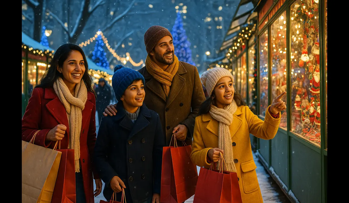 Indian family shopping in USA Christmas market during holiday season.