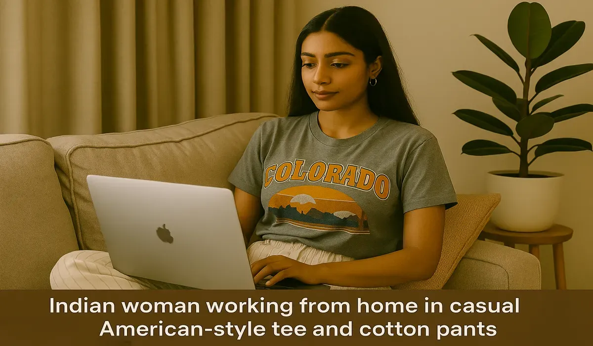 Indian woman in USA casual capsule outfit.