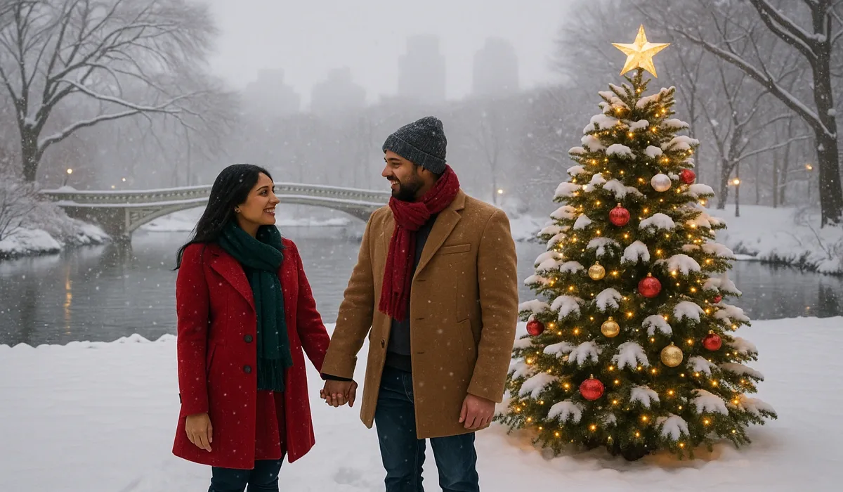 Indian tourists celebrating Christmas in New York USA at Central Park.