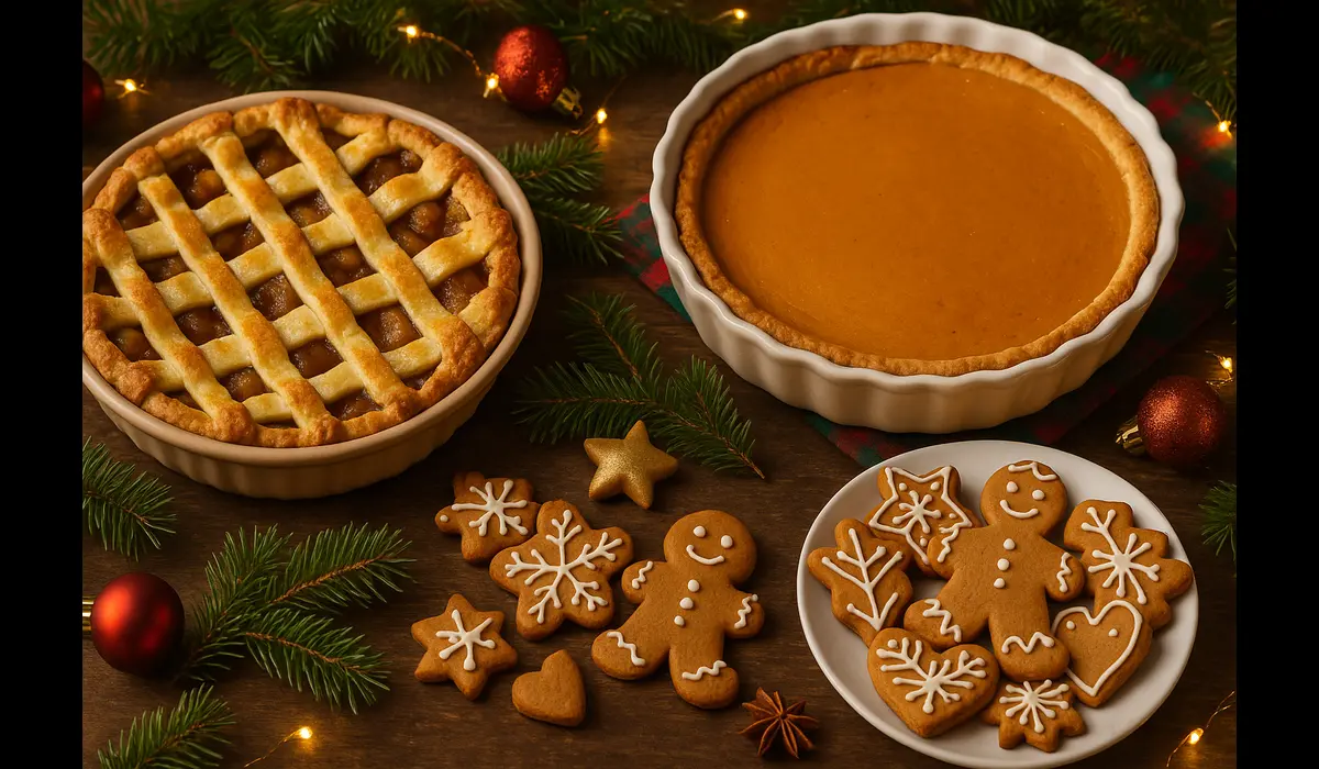 Apple and pumpkin pies with cookies – delightful desserts in Christmas food in USA.
