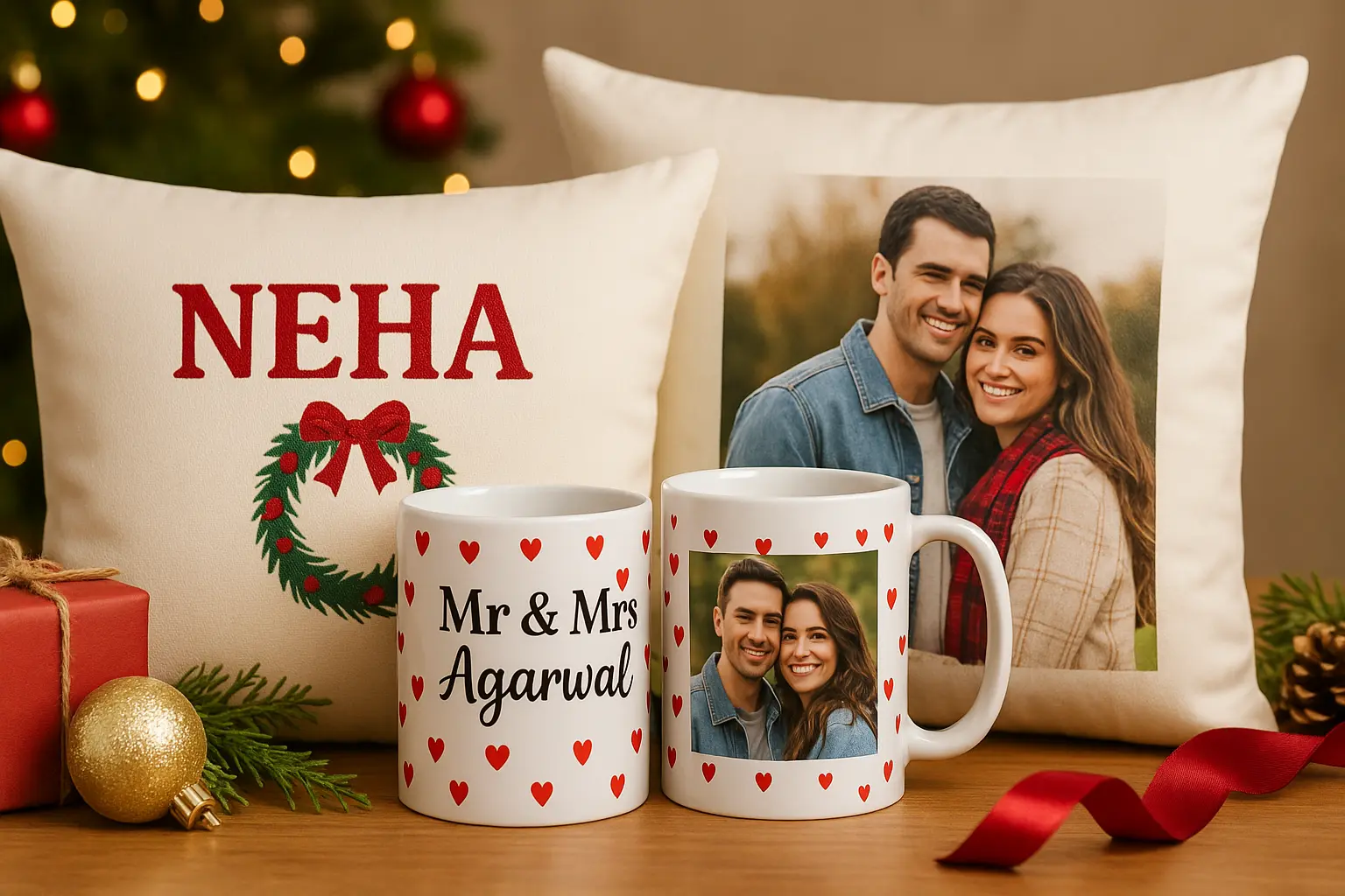 Personalized Christmas gifts India mugs cushions