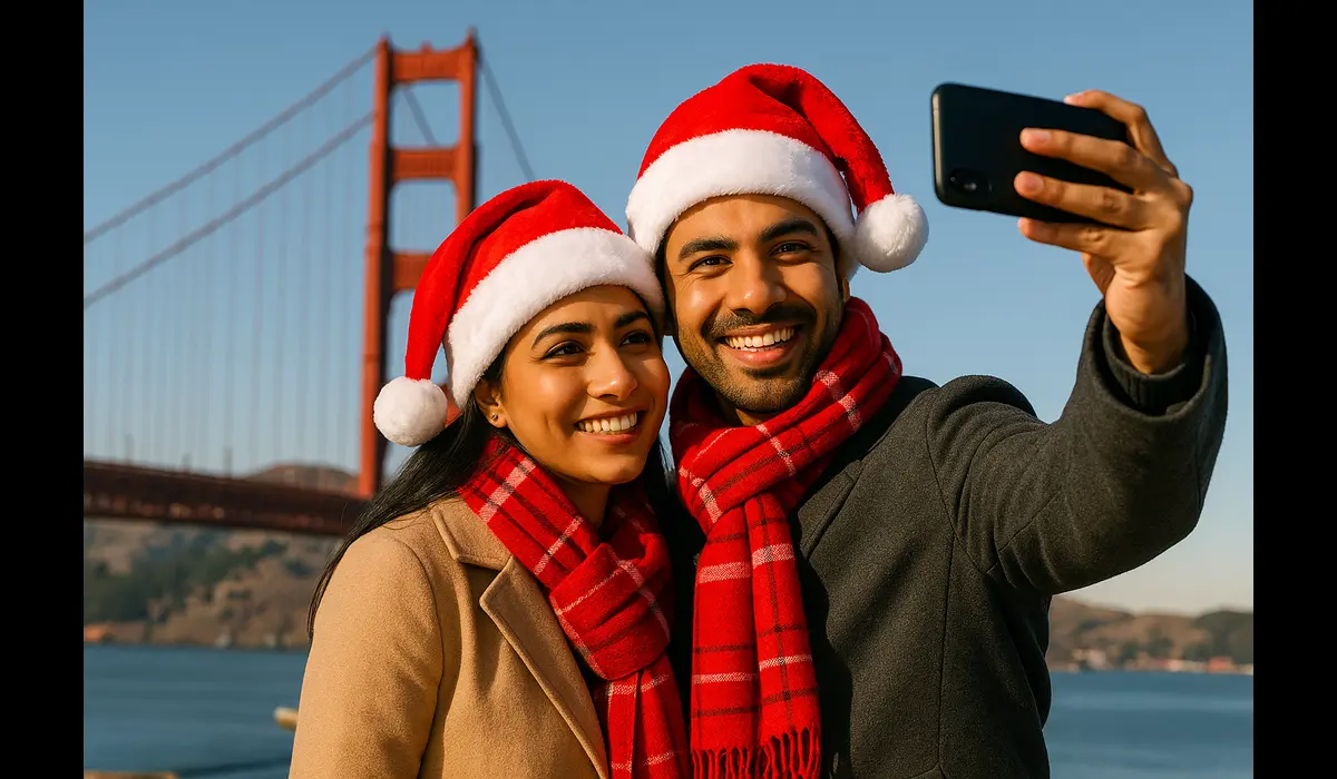 Indian travelers celebrating Christmas near Golden Gate Bridge USA.