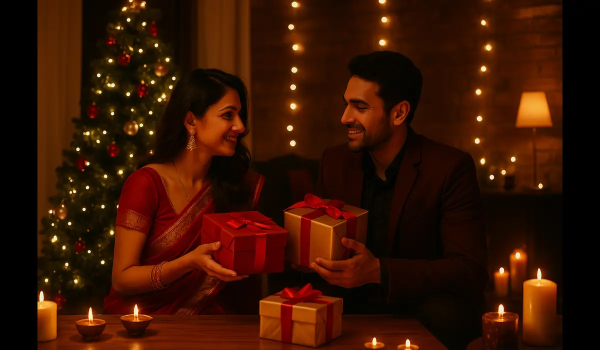 Best Christmas gift ideas in India for family, friends, and loved ones featuring romantic couple gifting.