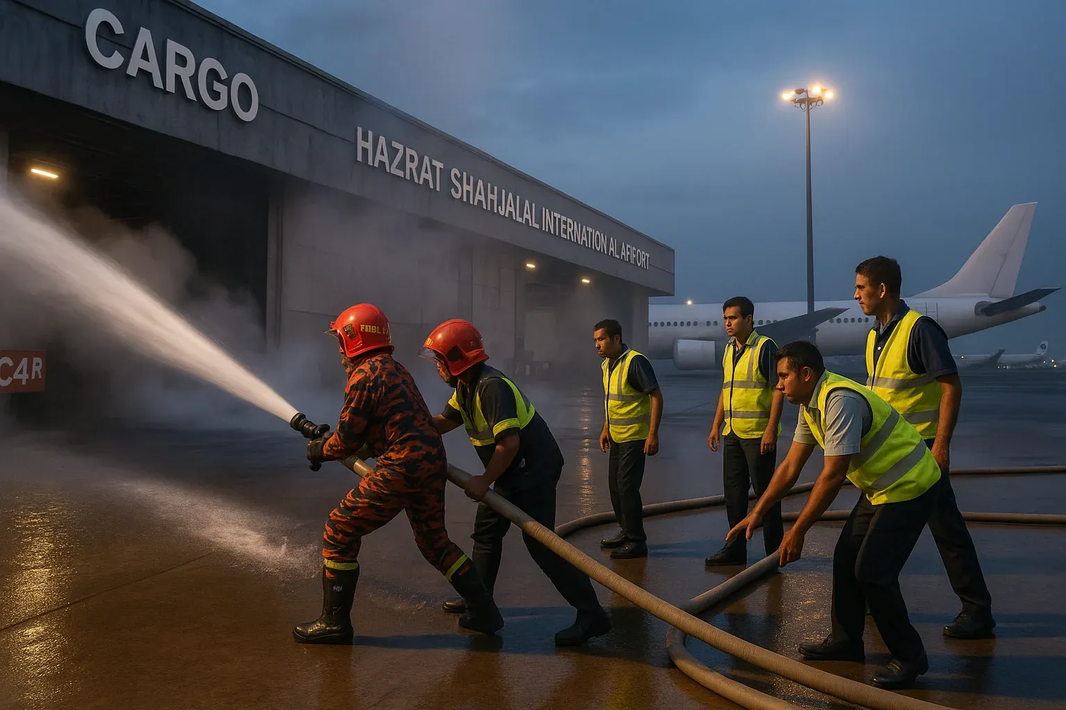 Firefighters extinguishing flames after Dhaka airport fire