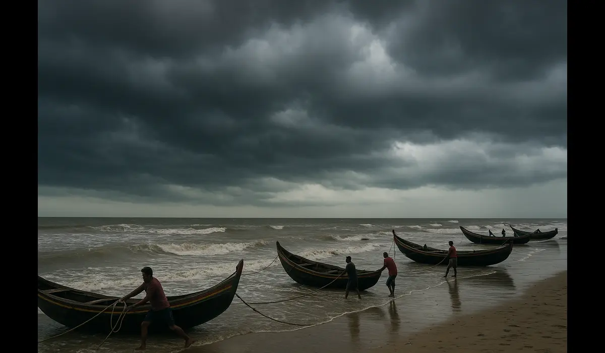 Fishermen during Cyclone Montha in West Bengal