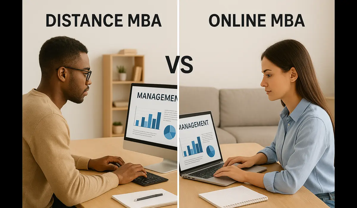 Distance MBA vs Online MBA study setup with offline materials.