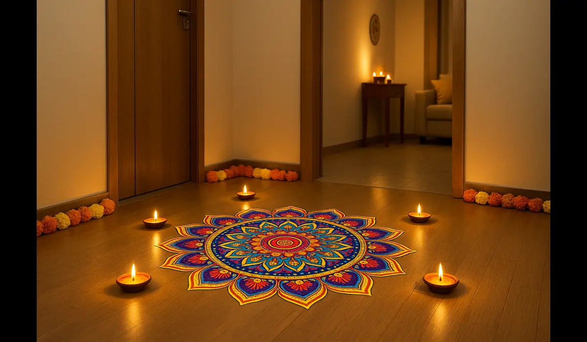 20 Gorgeous Diwali Rangoli Sticker Designs for Apartments & Offices This Festive Season Diwali Rangoli sticker designs for apartments & offices with vibrant mandala pattern and diyas.