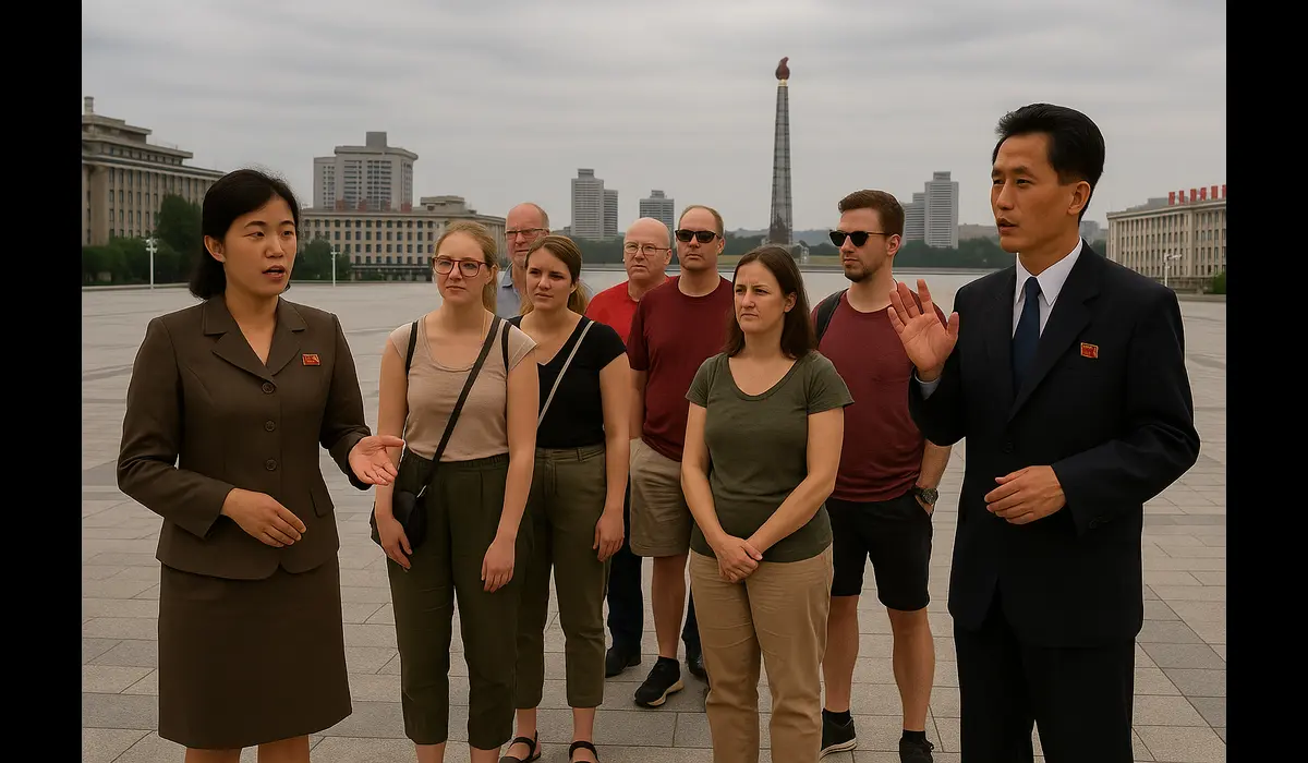 Tour guides illustrating political climate North Korea tourism.