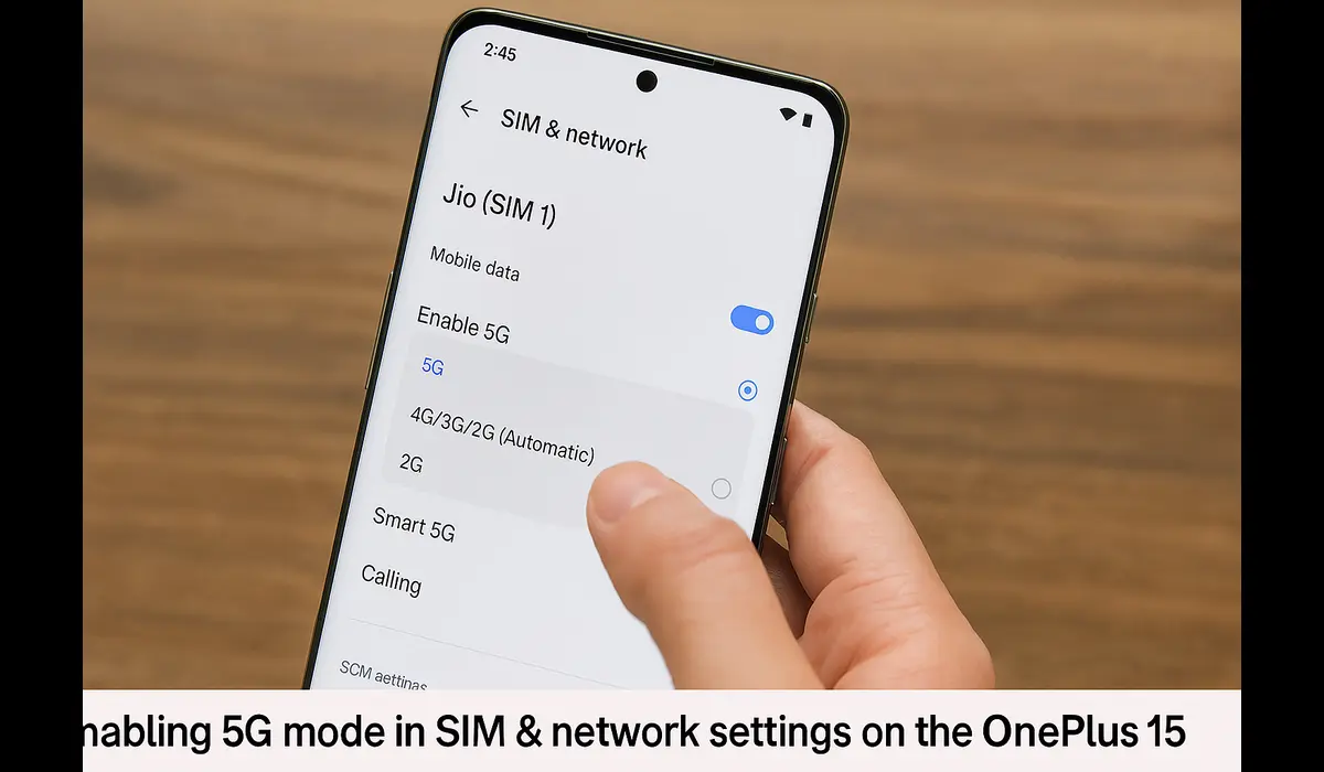 User enabling 5G mode on OnePlus 15 smartphone in India.