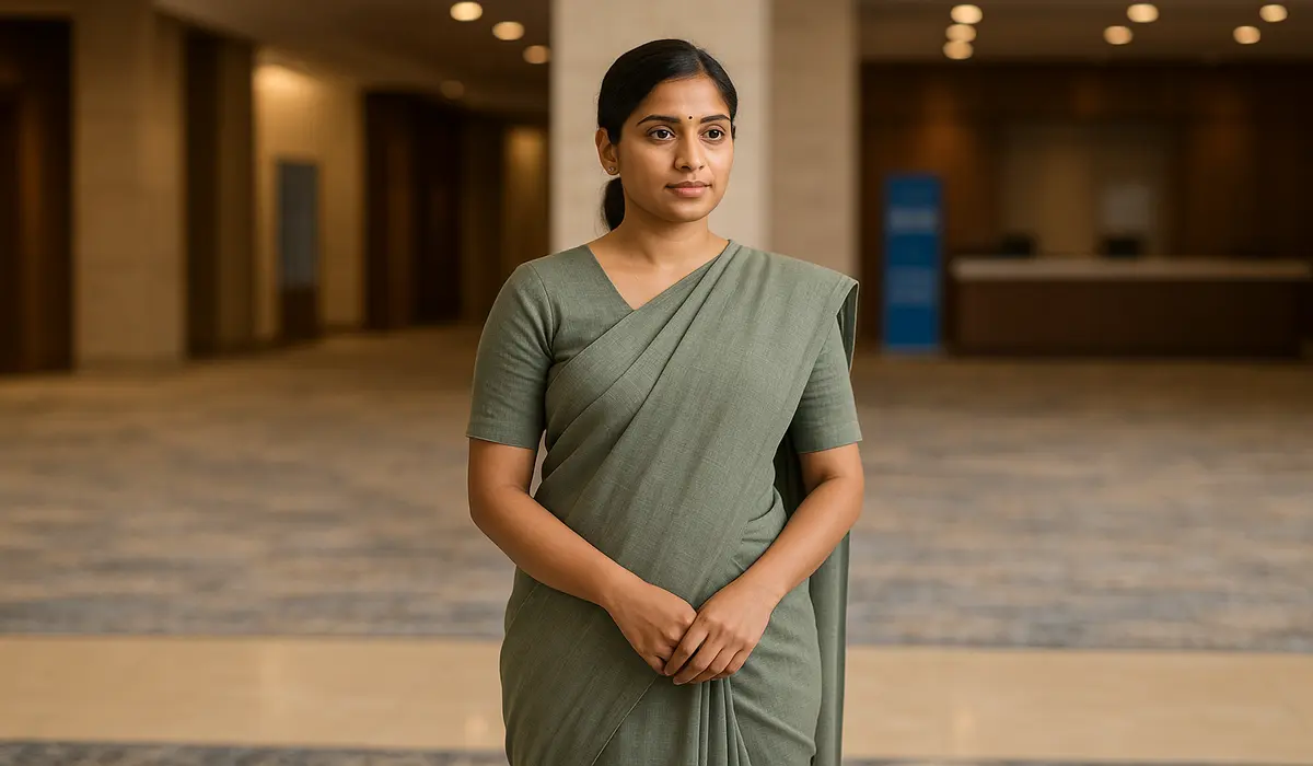 Ethnic formal workwear fashion for Indian women with linen-blend saree.