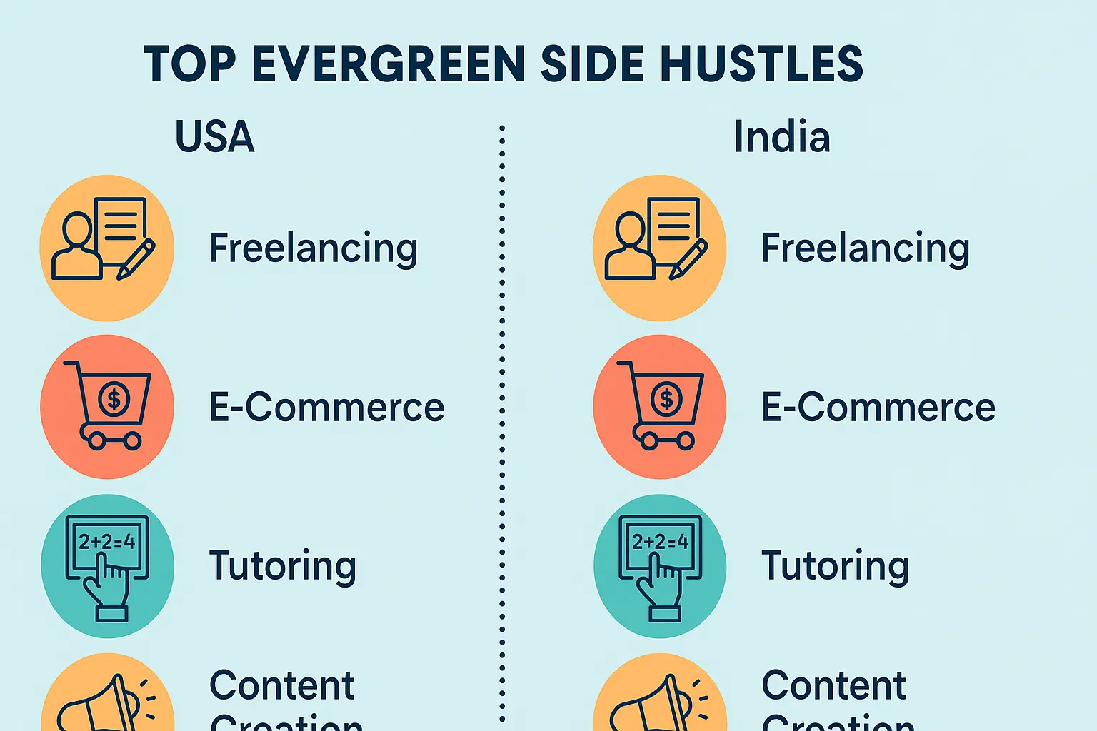 Comparison of top evergreen side hustles in India and the USA.