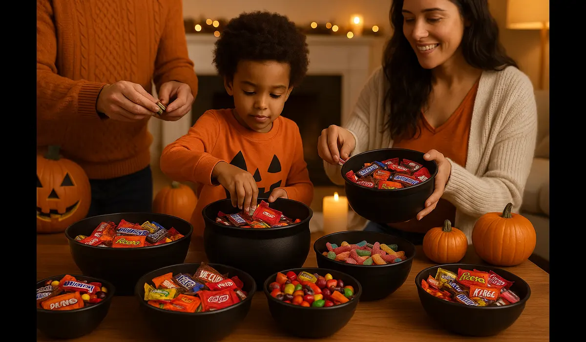 Family preparing Halloween candy from Amazon USA bulk deals.