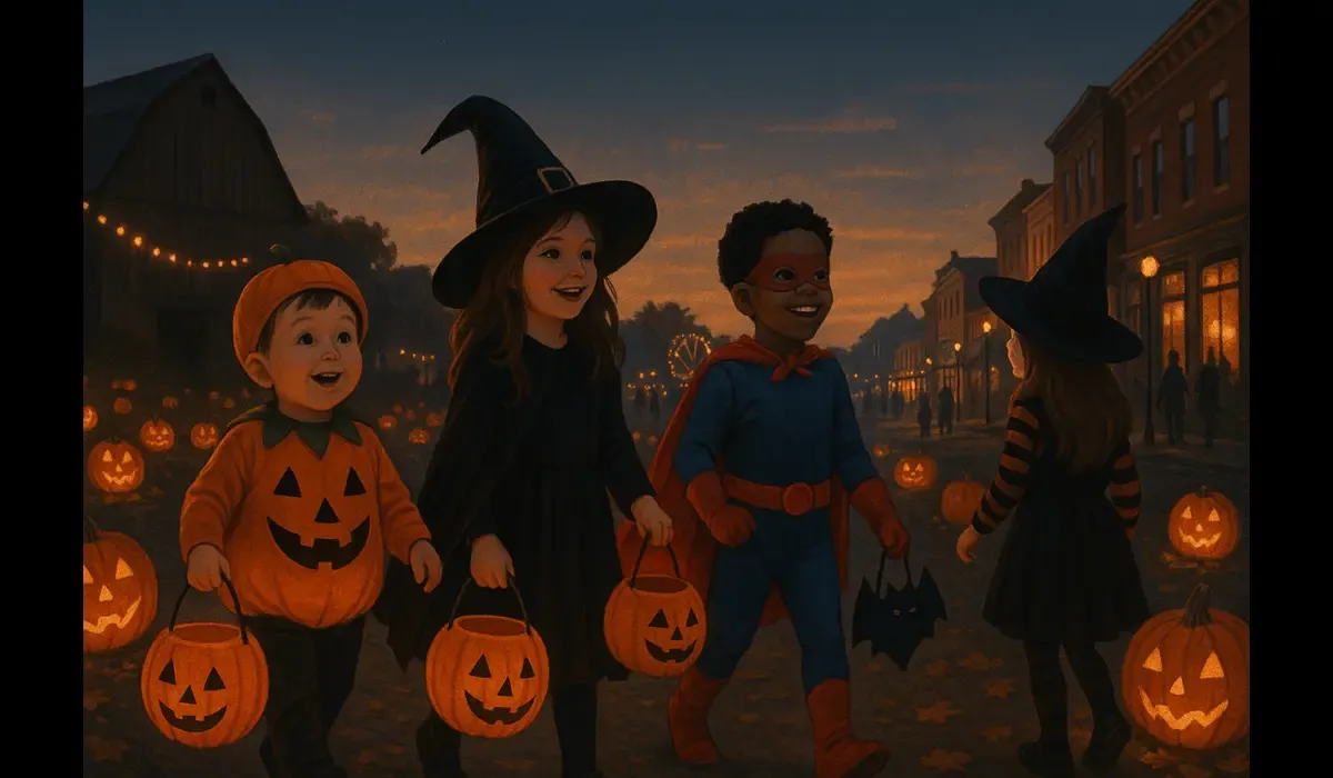 Children in Halloween costumes walking through a pumpkin-lit path at dusk in a small American town.