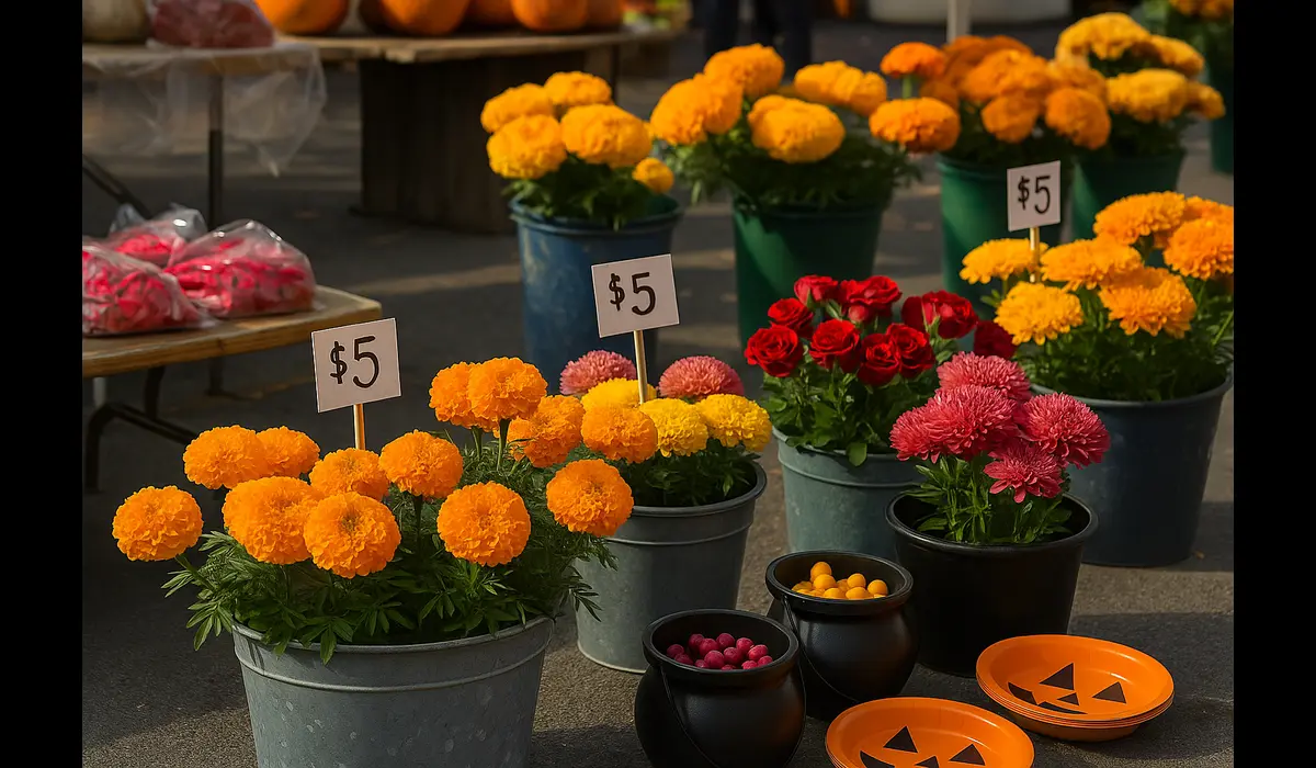 Farmers market selling flower petals for Diwali Rangoli in the US.