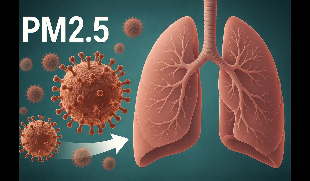 PM2.5 particles damaging human lungs.