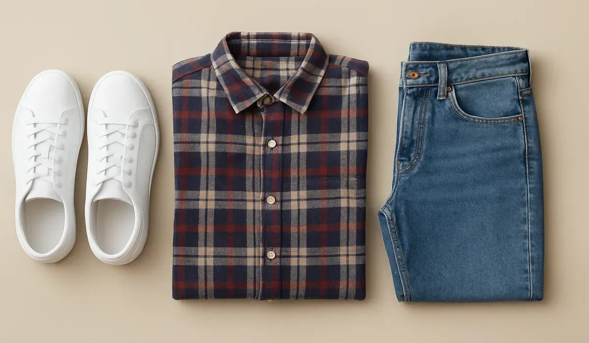 Flat lay of everyday American fashion staples including sneakers, jeans, and plaid shirt.