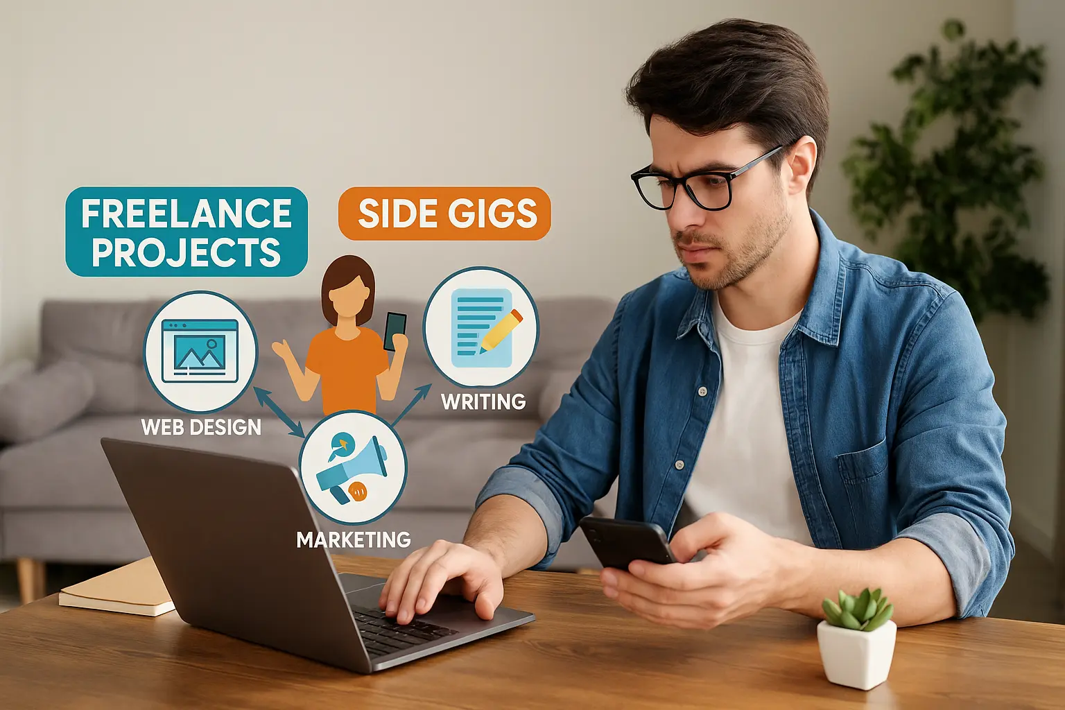 Freelancer managing evergreen side hustles in the USA.