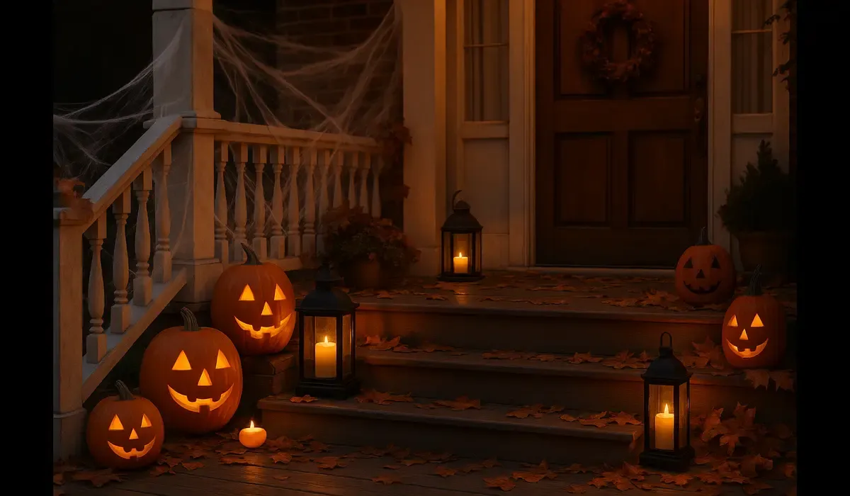 Halloween front porch decorations with pumpkins and lanterns.
