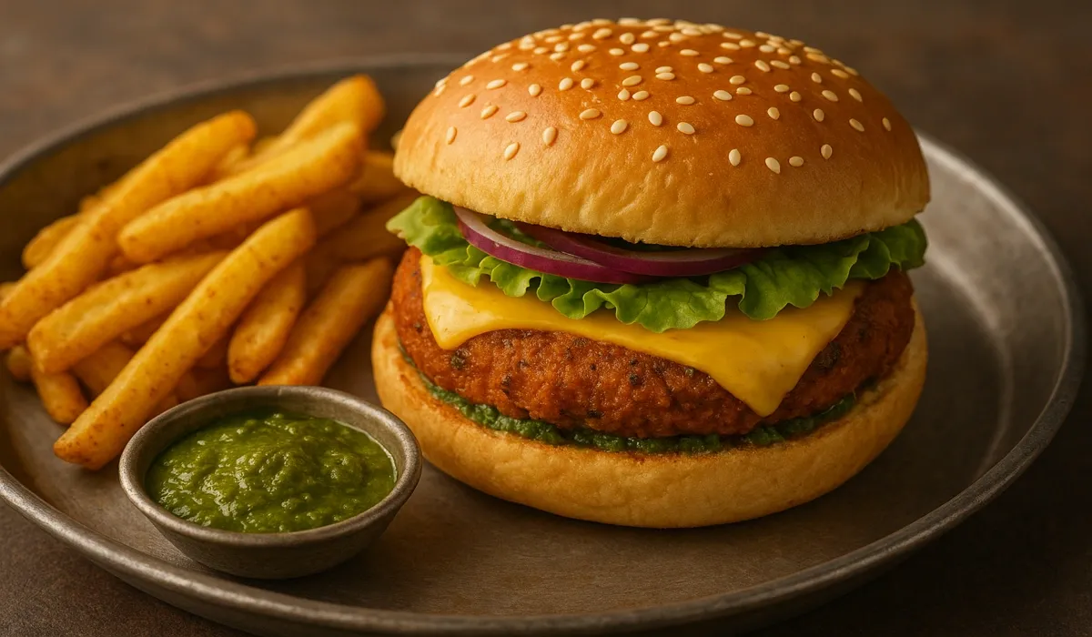 Fusion burger combining American fast food and Indian street food.
