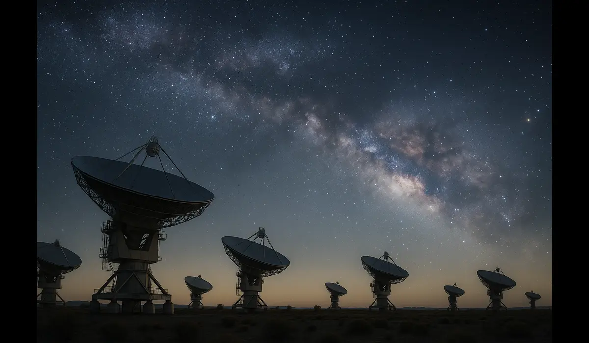 Panoramic night scene of radio telescopes under the Milky Way capturing signals from quasar OJ287 during 2025 black hole observation.