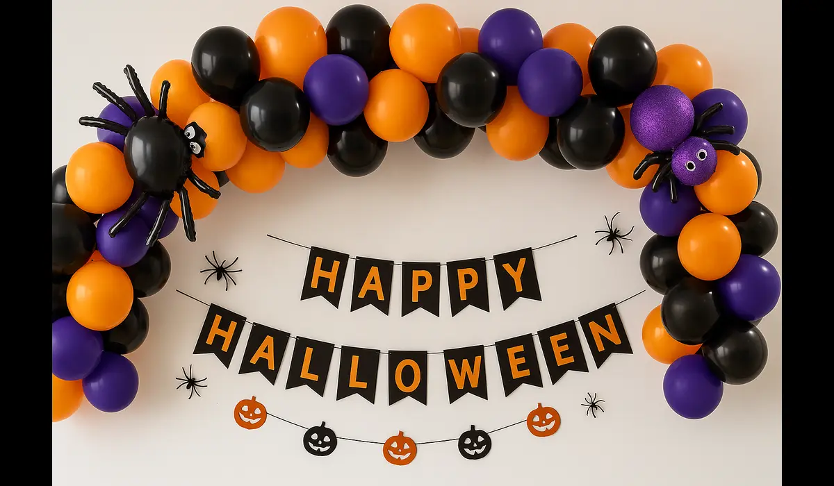 Affordable Halloween party supplies with balloon arch and spooky banner.