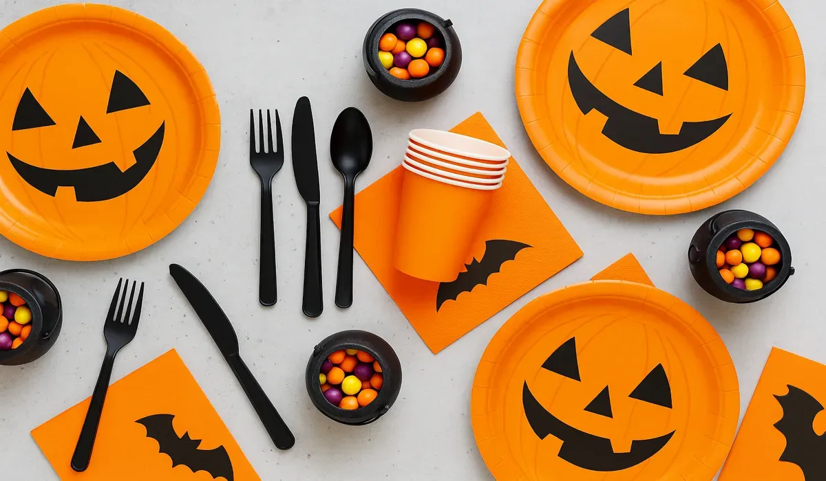 Affordable Halloween party supplies with themed tableware and candy station.