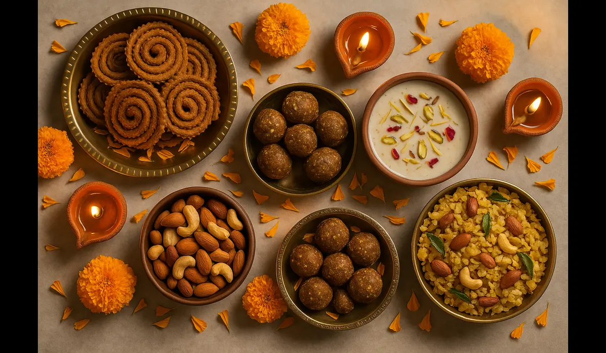 Healthy Diwali Food Recipes: Guilt-Free Sweets & Snacks for a Joyful Festival Healthy Diwali food recipes with guilt-free sweets and snacks beautifully arranged.