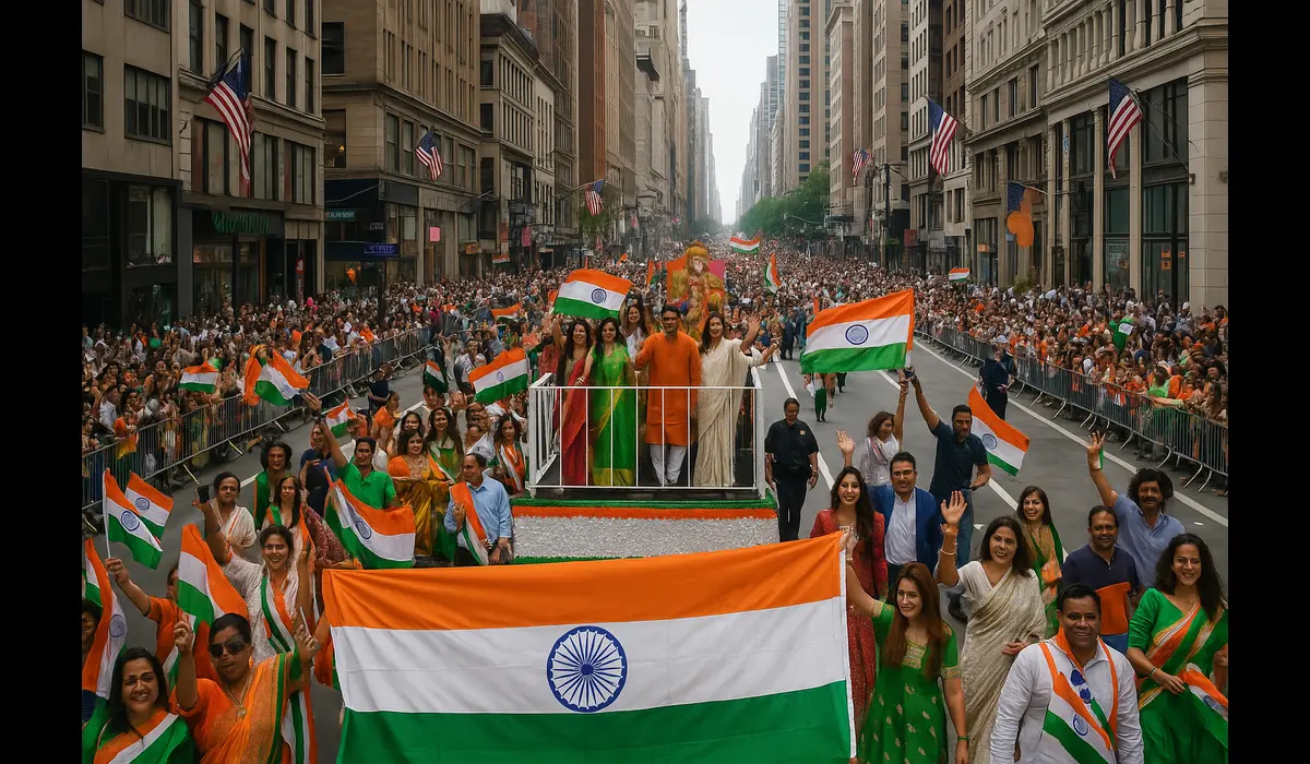 Indian community parade in USA celebrating Independence Day with Bollywood stars.