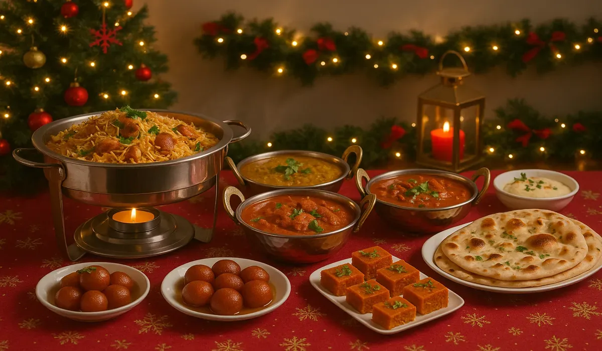 Christmas buffet at Indian restaurants in USA with biryani and festive desserts.