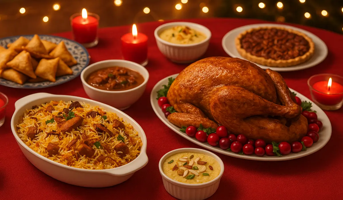Indian-American family Christmas dinner blending Indian and Western cuisine.