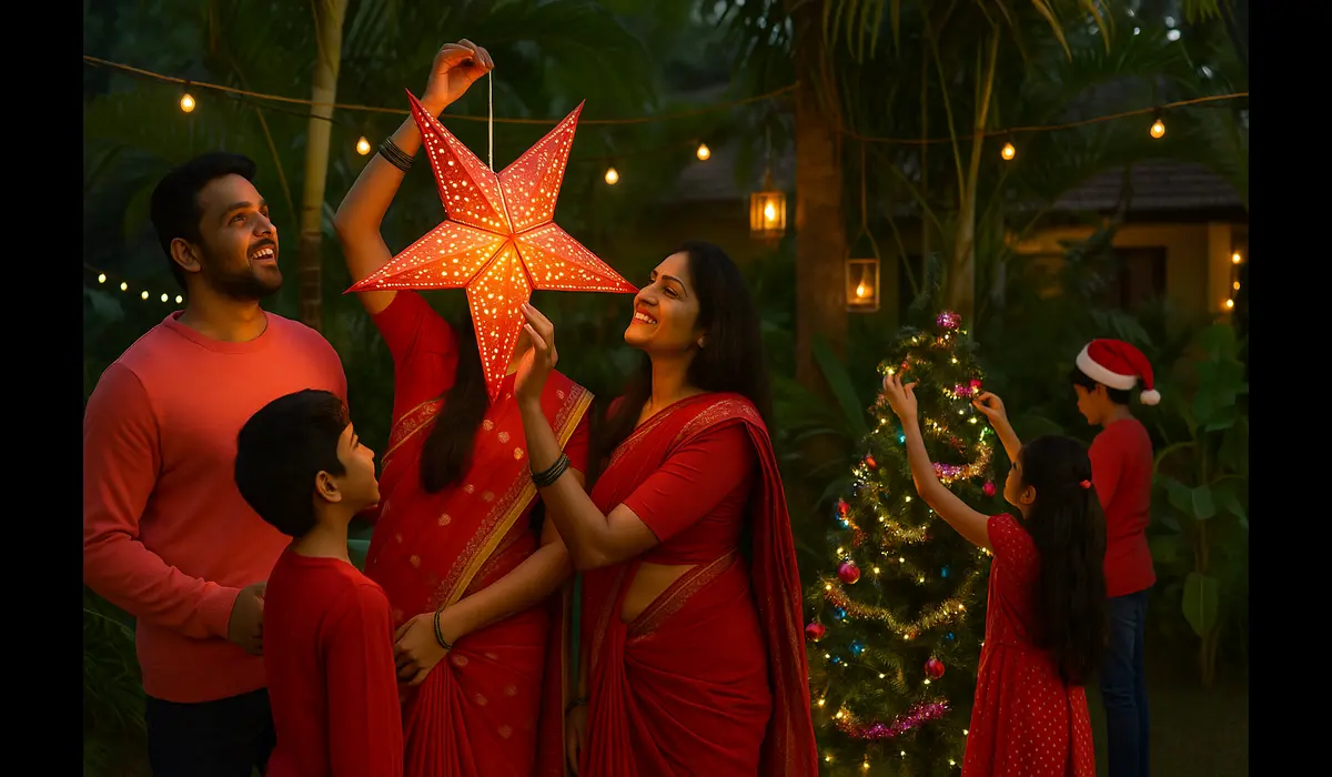 Christmas in USA vs India — Indian family celebrating Christmas with traditional lanterns.
