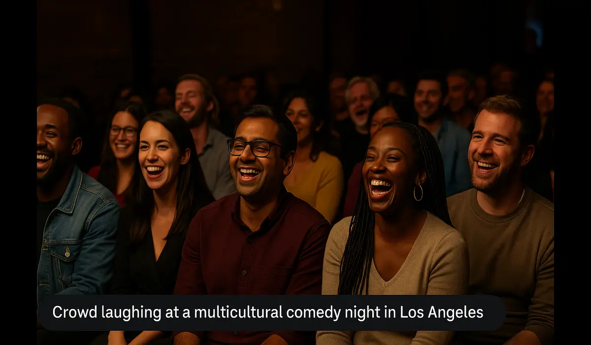 American audience enjoying Indian stand-up comedians in Los Angeles.