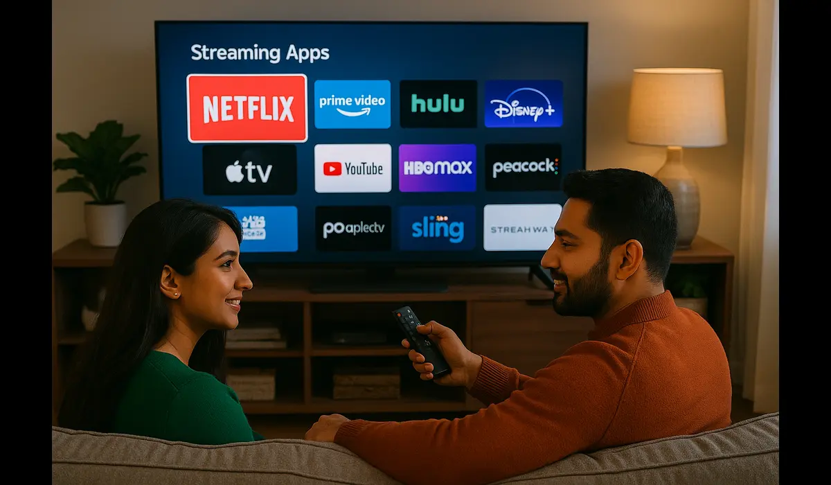 Top Streaming Platforms in USA Loved by Indian Families — Indian couple browsing Amazon Prime and Hulu on smart TV