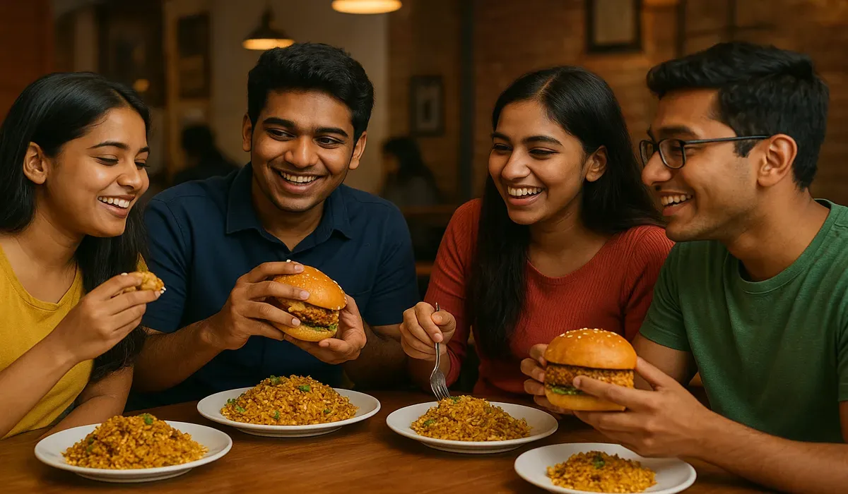 Indian foodies enjoying American comfort food in a café.