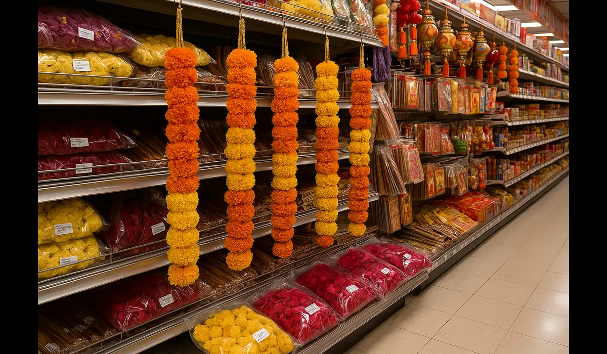 Local Indian grocery store selling flower petals for Diwali Rangoli.