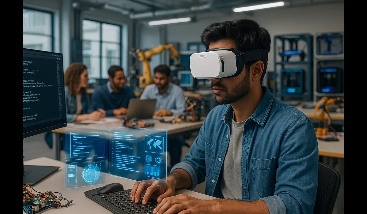 Indian engineering student studying in a U.S. STEM program using VR and coding tools for advanced research.