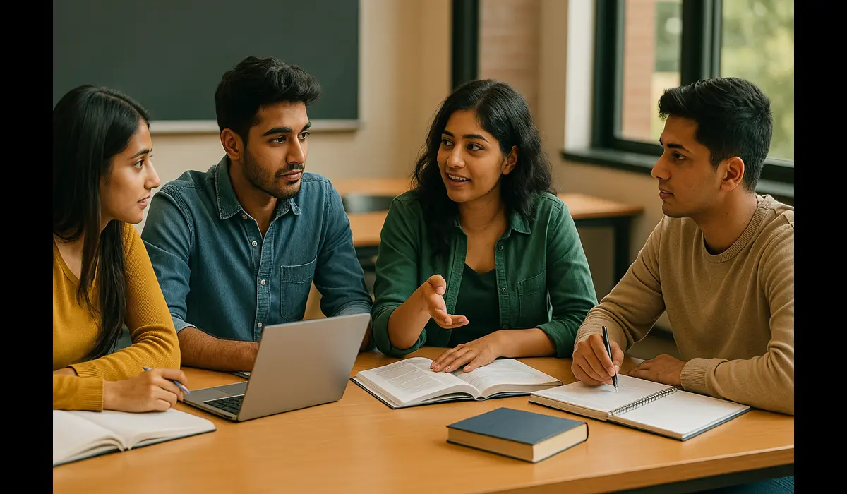 affordable universities in USA for Indian students classroom discussion.