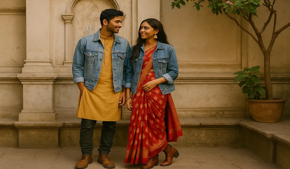 Indo-Western streetwear blending Indian tradition with USA vintage fashion.