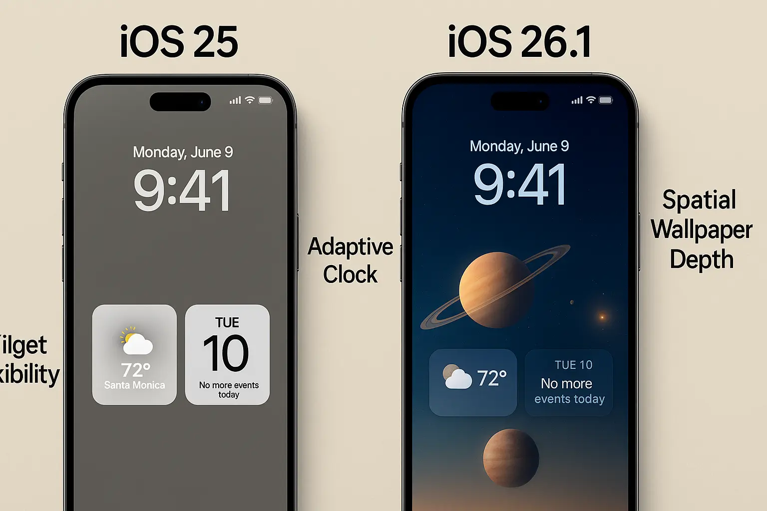 iOS 25 vs iOS 26.1 lock screen comparison