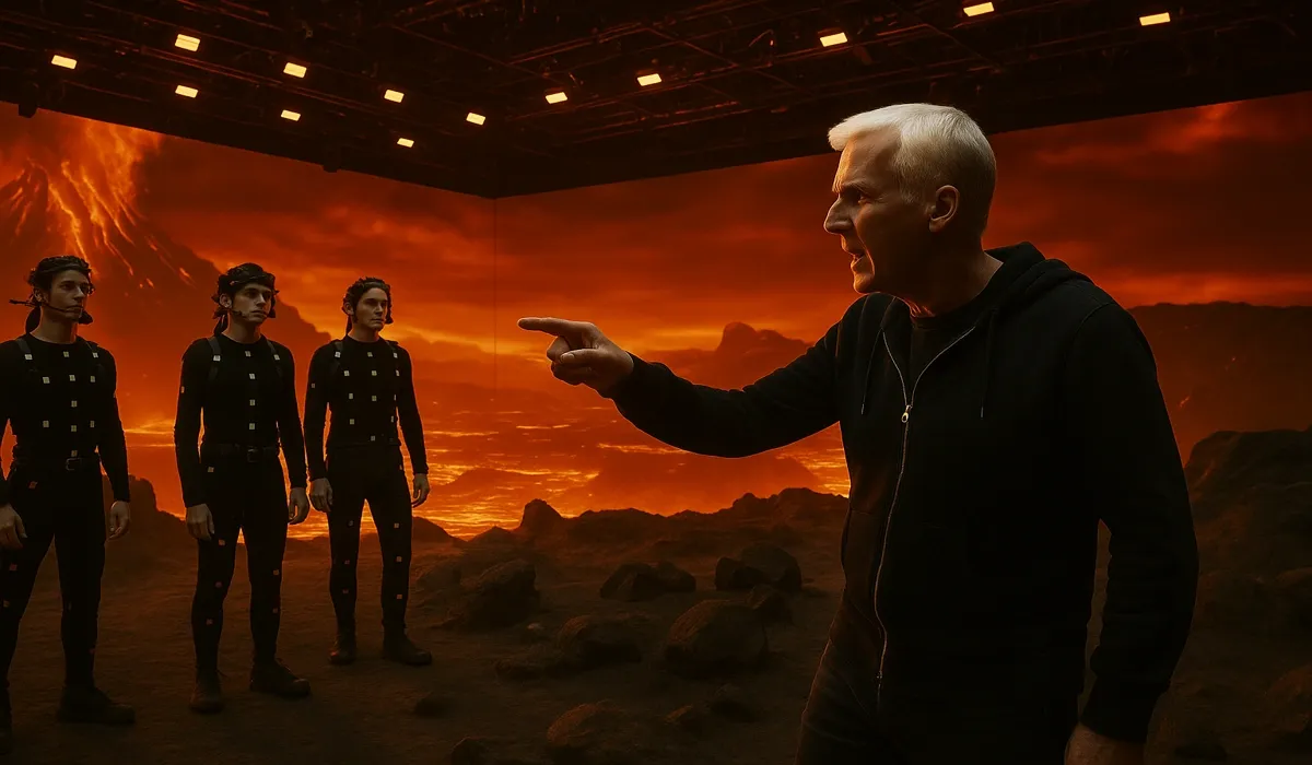 Avatar Fire and Ash cast and crew behind the scenes with James Cameron directing motion-capture stage.