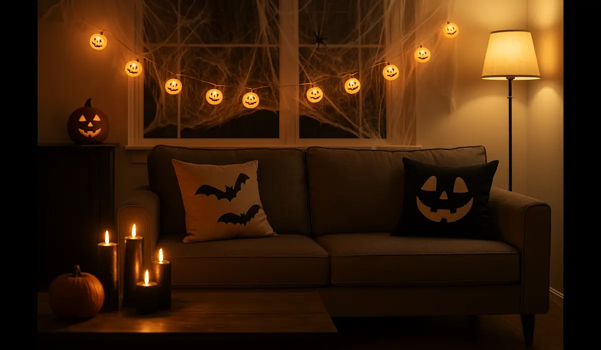 Indoor Halloween decorations for living room with spider webs and candles.