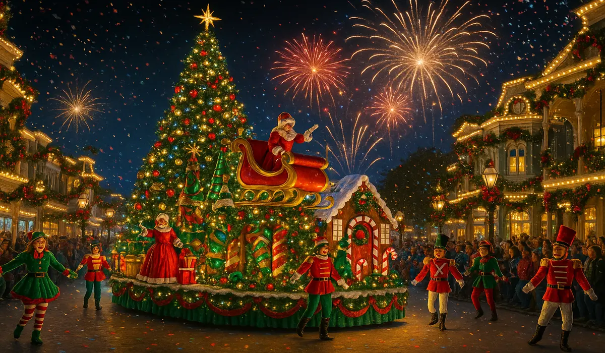 Festive Christmas parade in USA theme park with floats, fireworks, and joyful crowd
