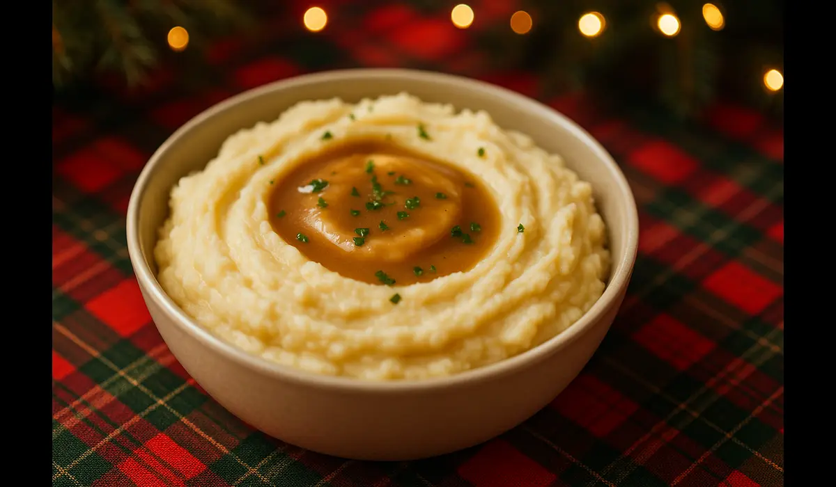 Creamy mashed potatoes with brown gravy – comforting Christmas food in USA.