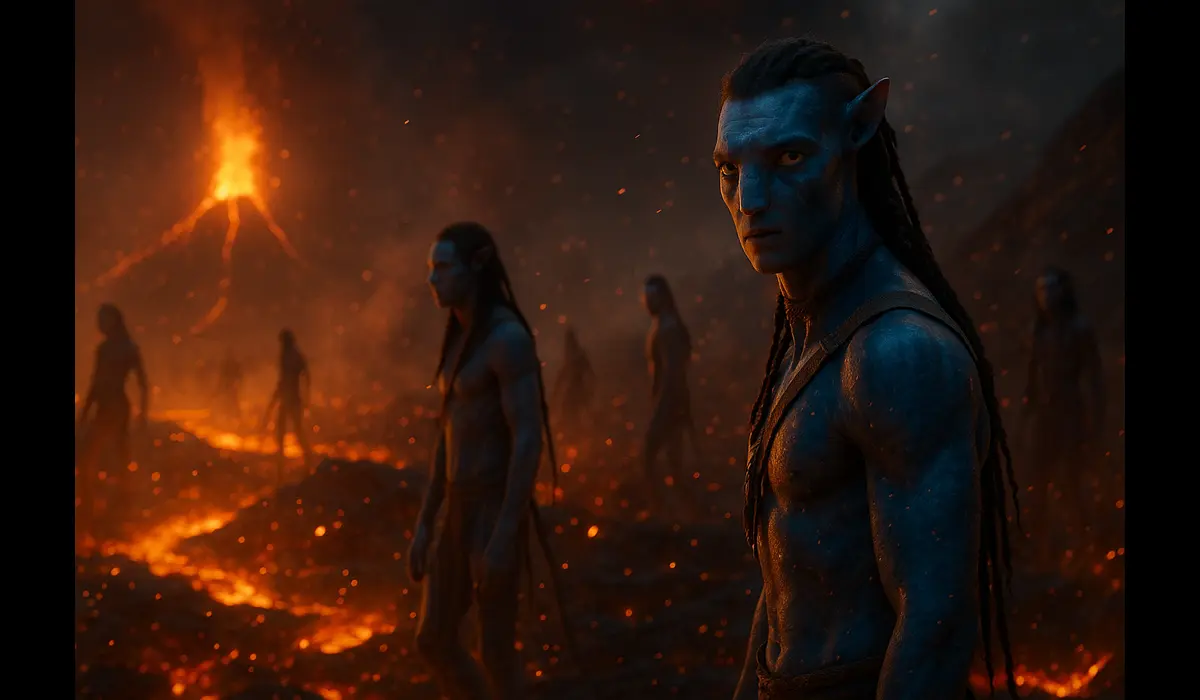 Na’vi warriors standing in a volcanic battlefield surrounded by fire and glowing embers — Avatar: Fire and Ash VFX.