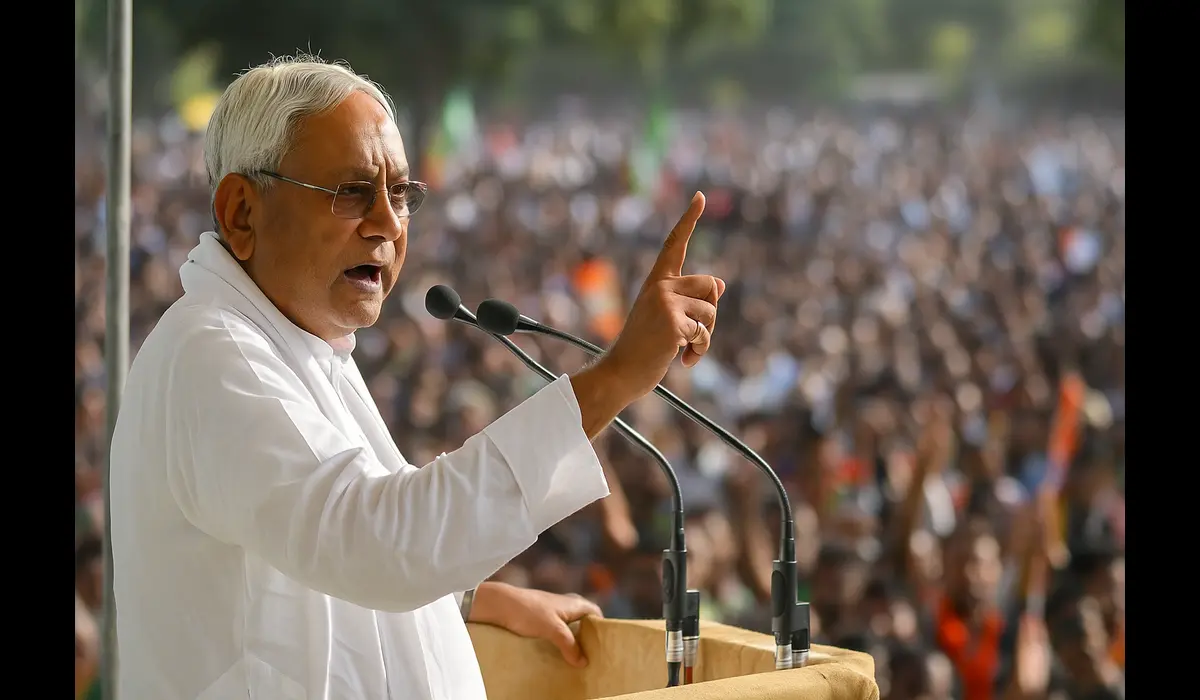 Nitish Kumar speaks at an NDA rally during the Bihar election campaign.