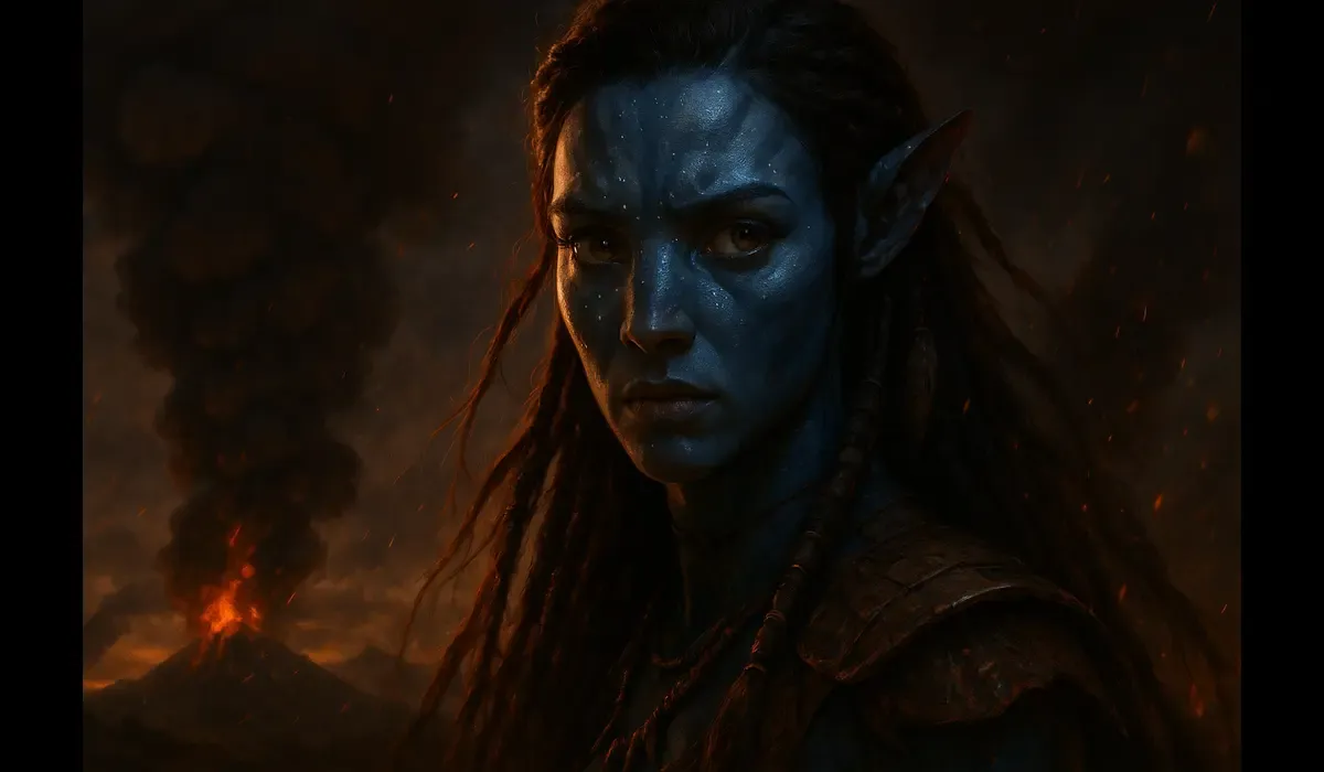 Neytiri battle-ready with volcanic smoke in top fan theories about Avatar: Fire and Ash before release.