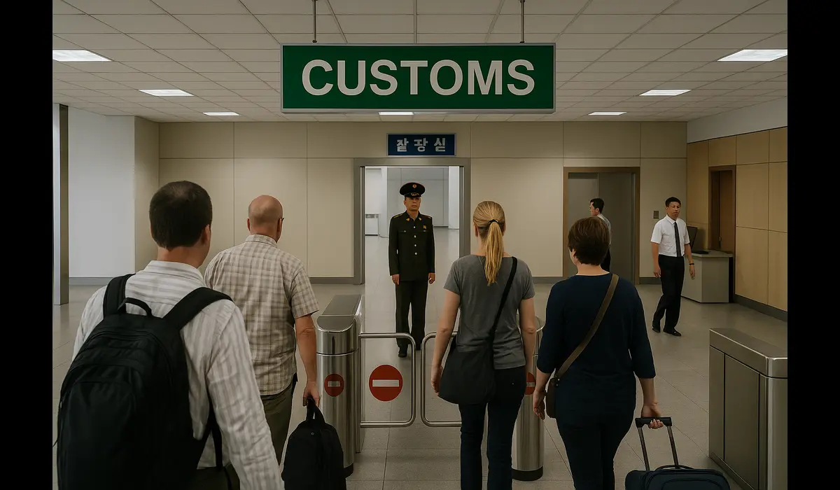 Tourists showing what you can and cannot bring into North Korea.