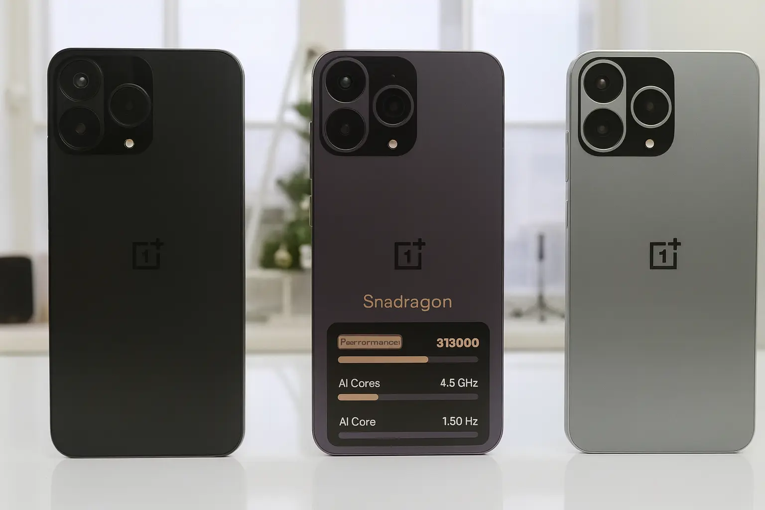 Three OnePlus 15 smartphones in matte black, graphite, and silver colors on a modern surface under soft lighting.