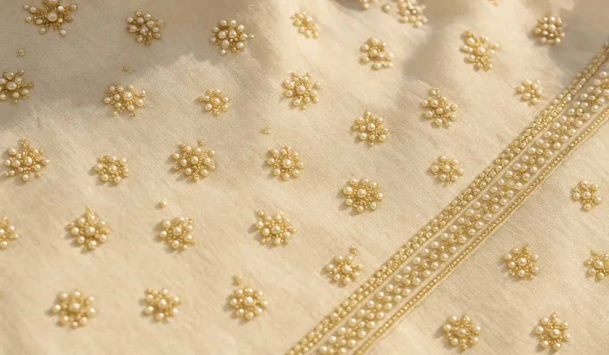 Close-up of ivory bridal dupatta with pearl embroidery inspired by USA minimalist fashion in Indian weddings.